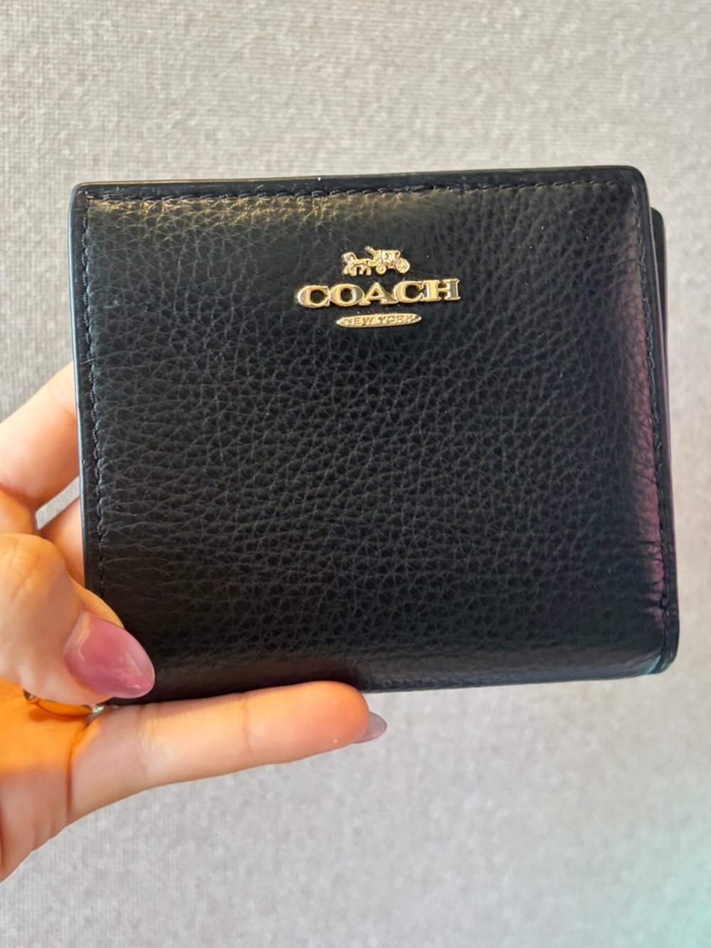 Coach Black Pebbled Leather Zip Compact Wallet with Gold Logo